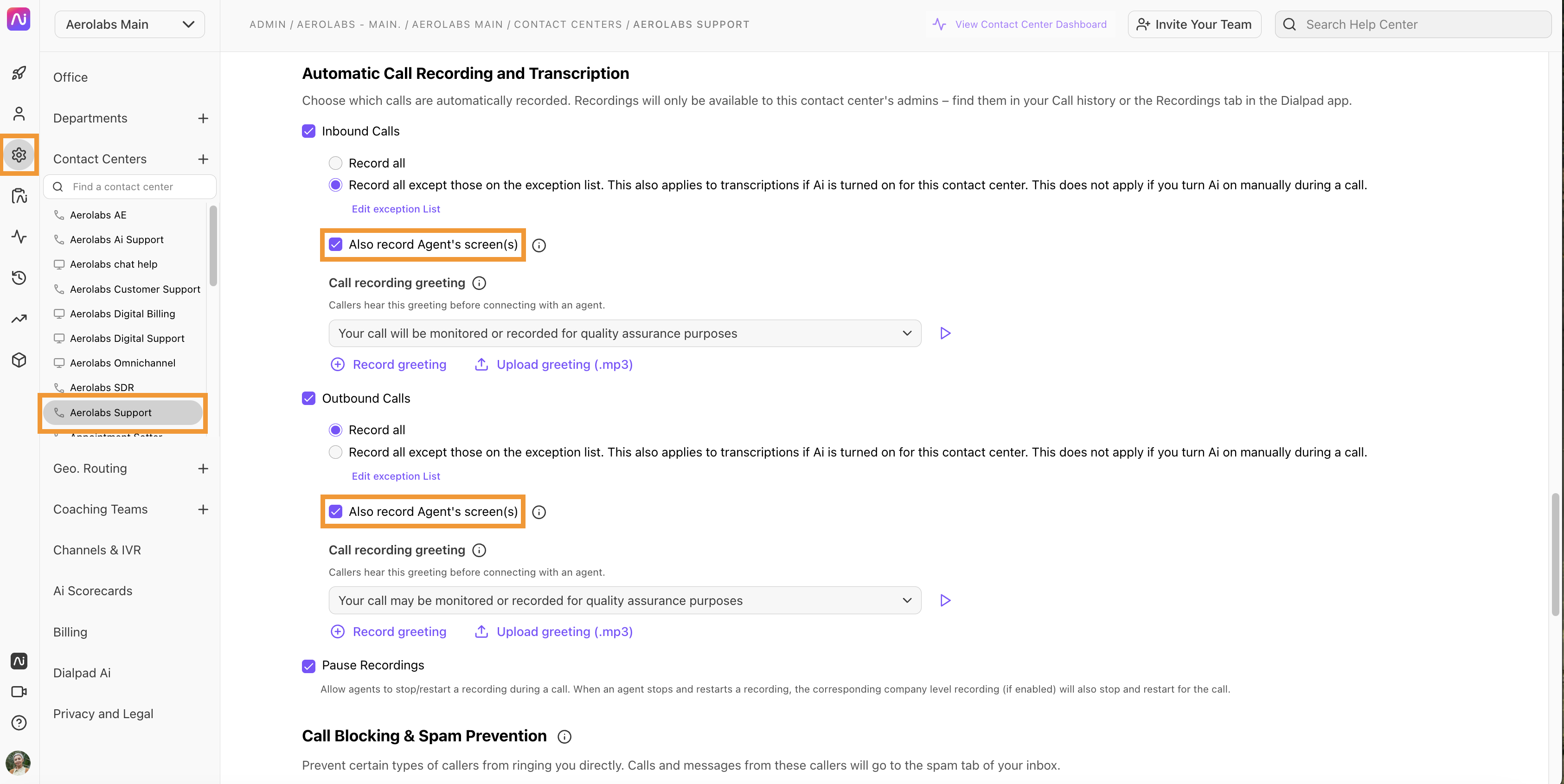 Settings for automatic call recording and transcription with options for agent screen recording for inbound and outbound calls.